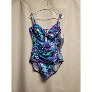 NWT Slimming One Piece Swimsuit Womens 18 Multicolor Abstract Ruched